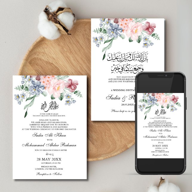 Convite Primavera Watercolor Floral Muslim Weding Nikah (Spring Watercolor Floral Muslim Wedding Nikah Invitation)