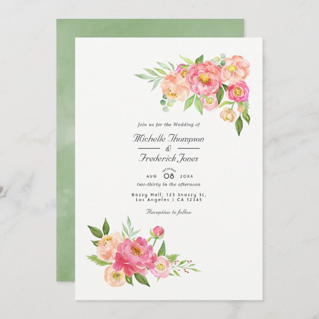 Convite Primavera Watercolor Peonies QR Code RSVP Casament (Frente/Verso)
