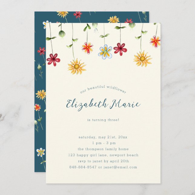 Convite Primavera Whimsical Wilflower Yellow Girl Aniversá (Frente/Verso)