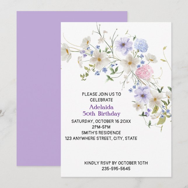 Convite Primavera Wildflower Boho Purple Pink Flowers (Frente/Verso)