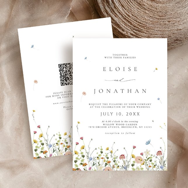 Convite Primavera Wildflower Garden Floral Código QR Casam (Spring Wildflower Garden Floral QR Code Wedding Invitation)