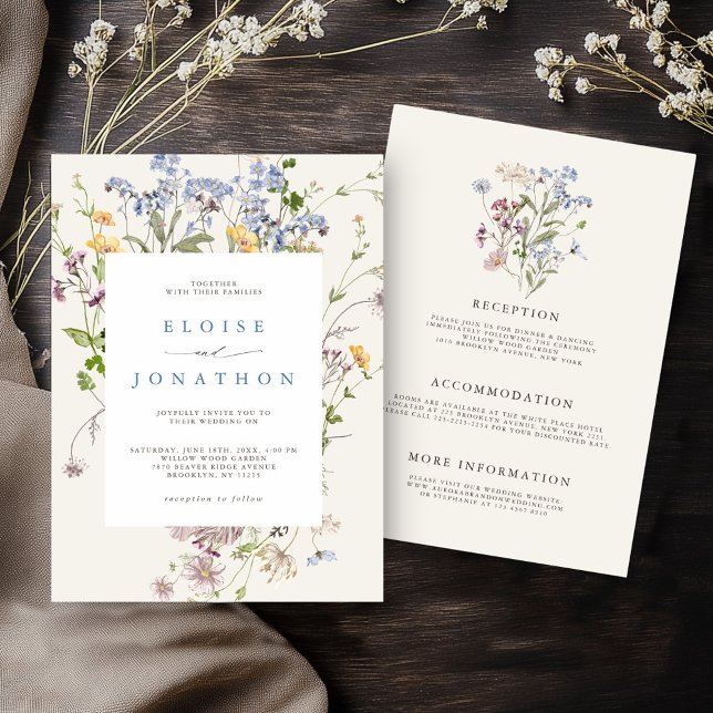 Convite Primavera Wildflower Meadow Garden - Casamento (Colorful Spring Wildflower Meadow Garden All in one Wedding invitation with details on back)