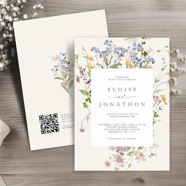 Convite Primavera Wildflower Meadow Garden Casamento com C (Spring Wildflower Meadow Garden QR Code Wedding Invitation)