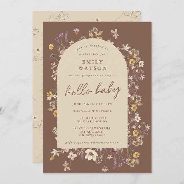 Convite Primavera Wildflower Watercolor Custom Hello Baby (Frente/Verso)