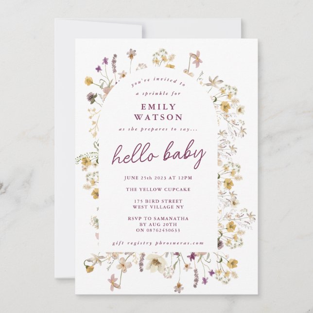 Convite Primavera Wildflower Watercolor Custom Hello Baby (Frente)