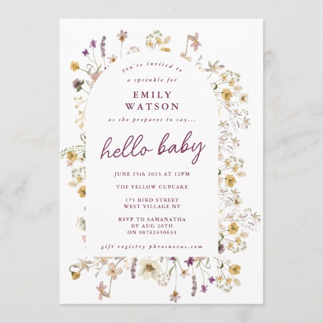 Convite Primavera Wildflower Watercolor Custom Hello Baby (Frente)