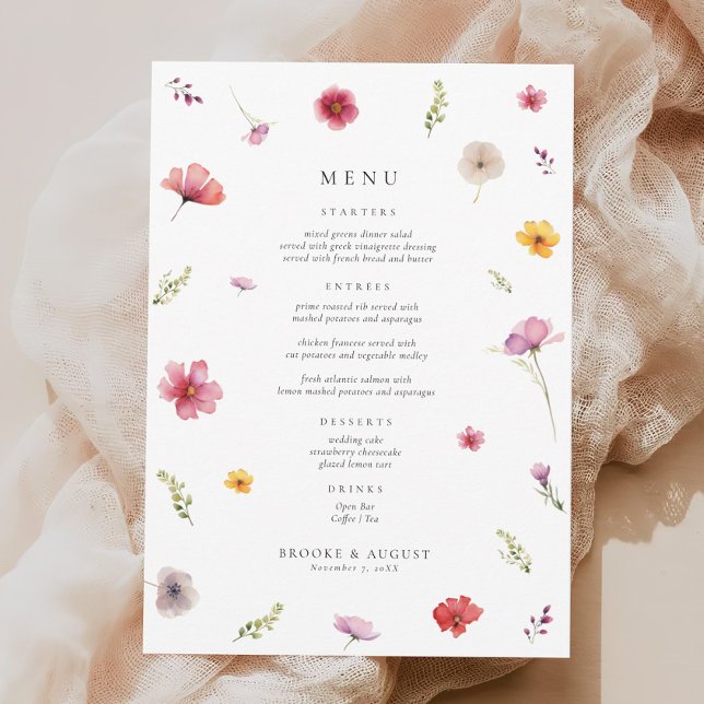 Convite Primavera Wildflower Wedding Menu Card (Criador carregado)