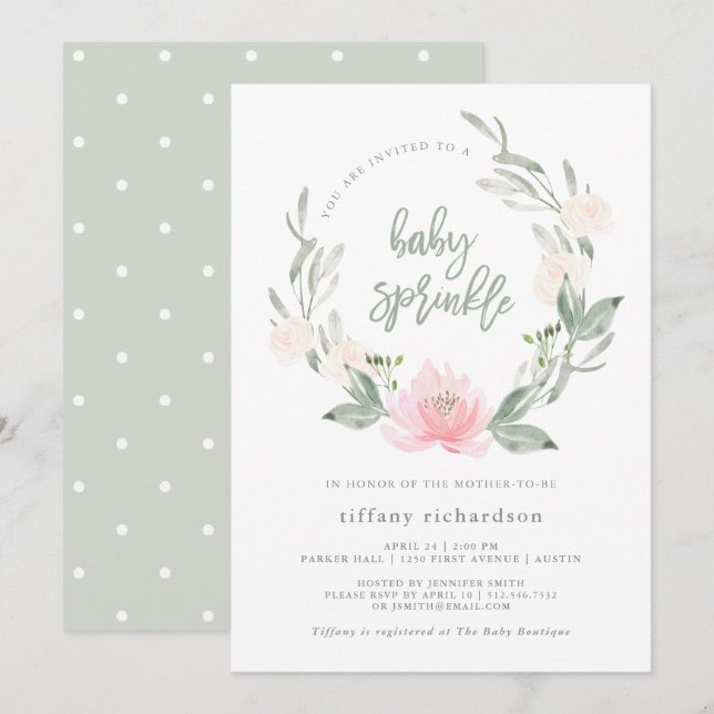 Convite Primavera Wreath | Watercolor Floral Baby Sprinkle (Frente/Verso)