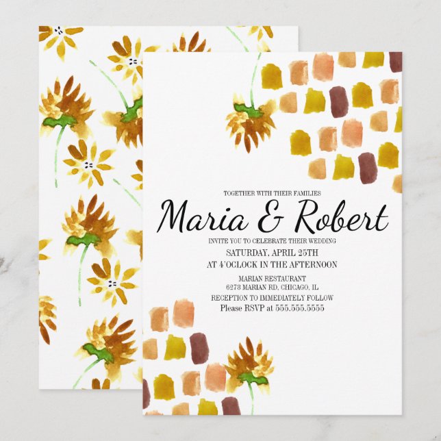 Convite Primavera Yellow Watercolor Florals Painterly Corn (Frente/Verso)