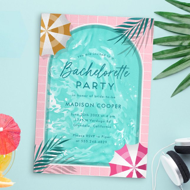Convite Primaveras de Palma Bachelorette Piscina Pink (Palm Springs bachelorette pool party invitation template)