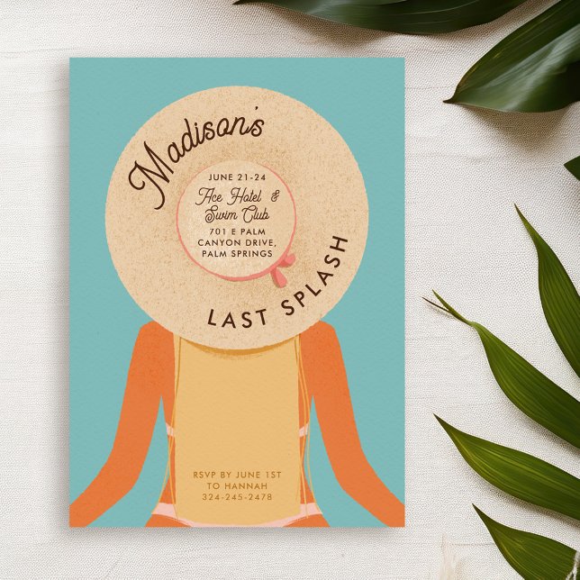 Convite Primaveras de Palma de Menina Loura Festa de Pisci (blonde hair and tan skin girl wearing a beach hat - bachelorette pool party invitation)