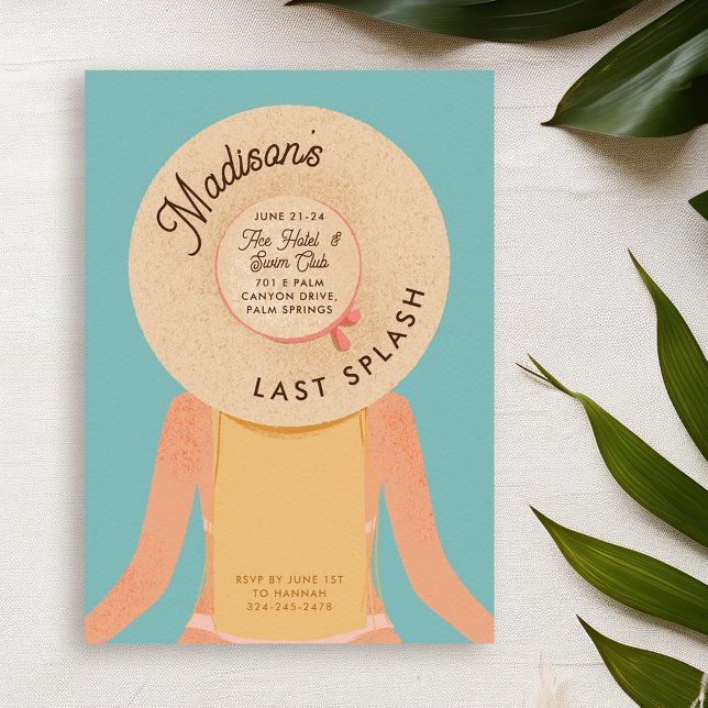 Convite Primaveras de Palma Loura Festa de Piscina de Fim  (blonde hair and light white skin girl wearing a beach hat - bachelorette pool party invitation)