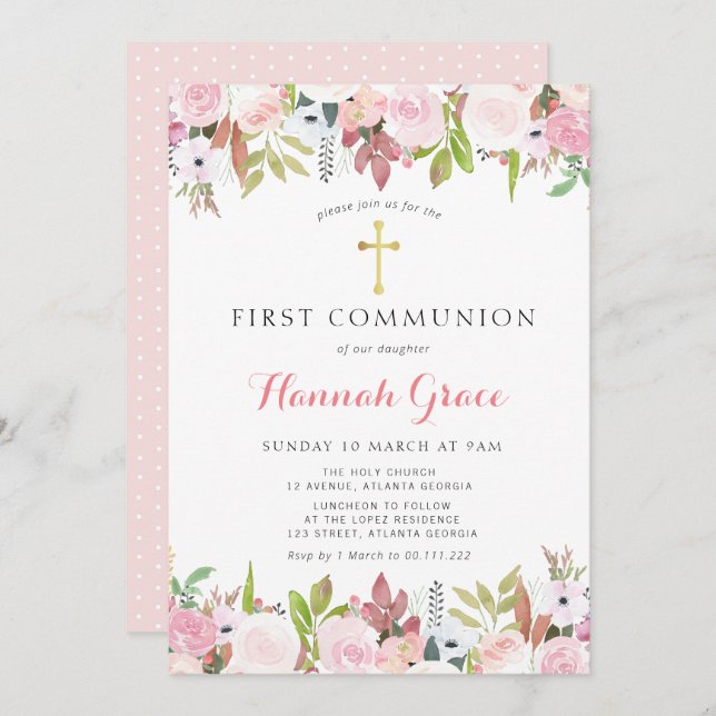 Convite Primeira comuna floral de aquarela elegante (Frente/Verso)