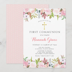 Convite Primeira comuna floral de aquarela elegante