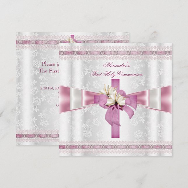 Convite Primeira Comunhão 1ª Cruz Meninas Branco Rosa (Frente/Verso)