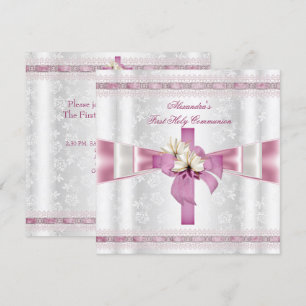 Convite Primeira Comunhão 1ª Cruz Meninas Branco Rosa