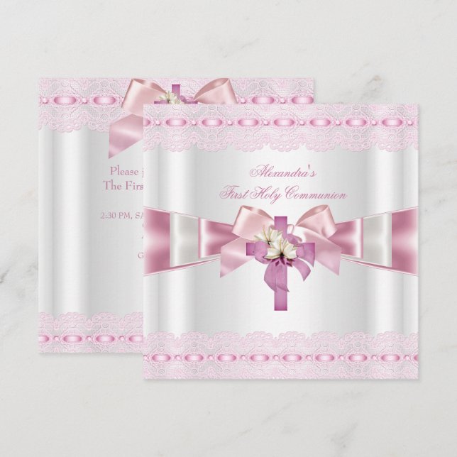 Convite Primeira Comunhão 1ª Meninas Branco Rosa Renda 2 (Frente/Verso)