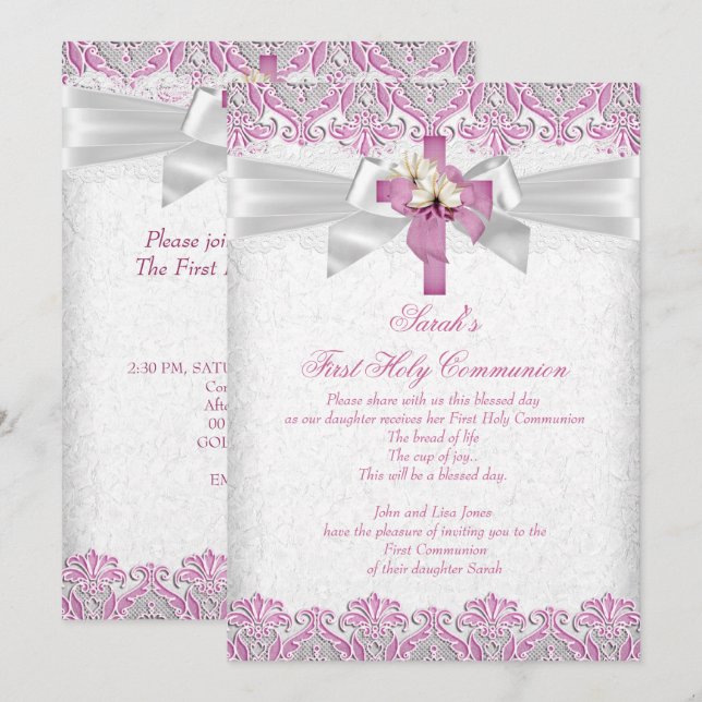 Convite Primeira Comunhão 1ª Meninas Cruz Rosa Renda 2 (Frente/Verso)