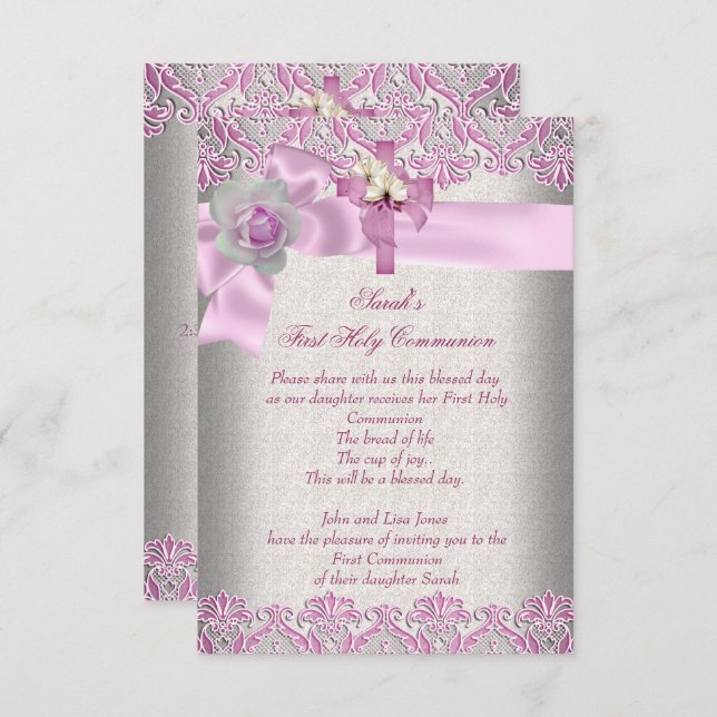 Convite Primeira Comunhão 1rua Cruzando Garotas Creme Rosa (Frente/Verso)