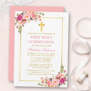 Convite Primeira Comunhão Aquarela Rosa Bege Floral Dourad