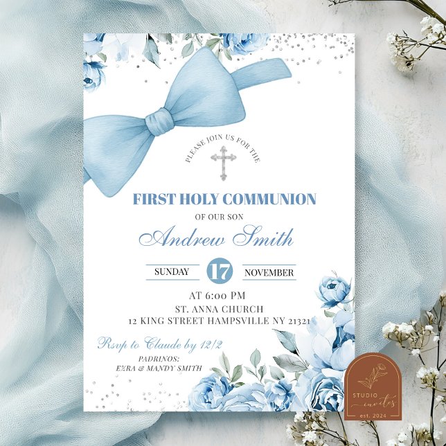 Convite Primeira Comunhão Azul Bow Coquette (Criador carregado)
