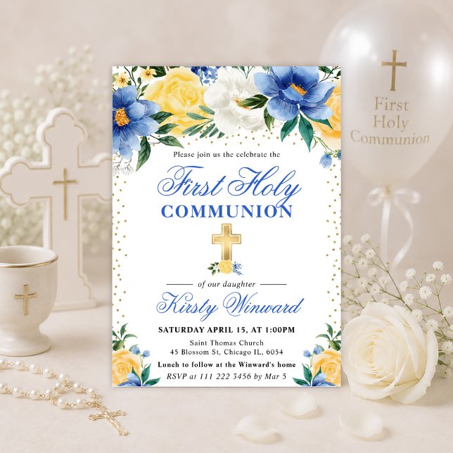 Convite Primeira Comunhão Azul e Amarelo Flores (Criador carregado)