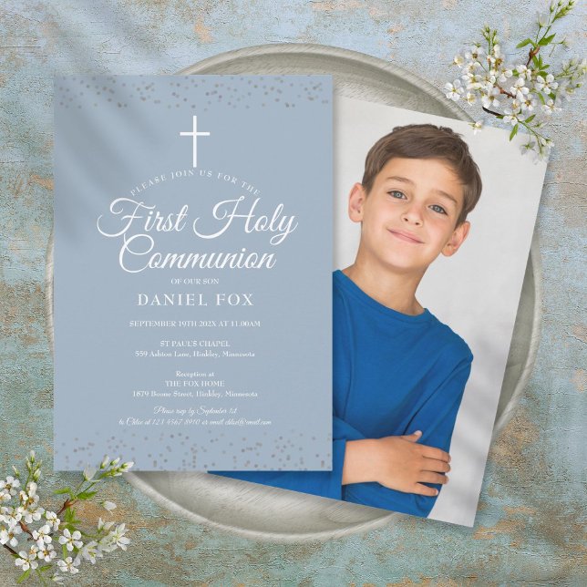 Convite Primeira Comunhão Azul Poeirento Foto (First Holy Communion Dusty Blue Photo Invitation)