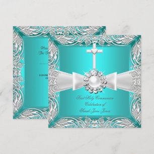 Convite Primeira Comunhão Azul Turquesa Branco Prata Menin