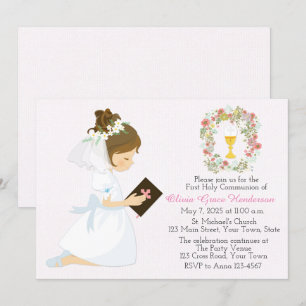 Convite Primeira Comunhão Brunette Girl Floral Wreath