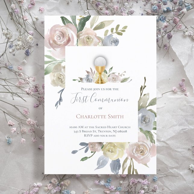 Convite Primeira Comunhão Católica buquês de flores delica (Criador carregado)