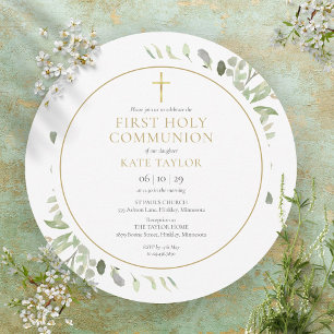 Convite Primeira Comunhão Circular com Vegetação em Aquare