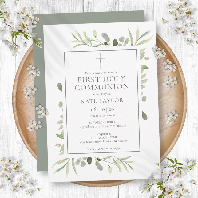 Convite Primeira Comunhão com Vegetação em Aquarela (Watercolor Greenery First Holy Communion Invitation)