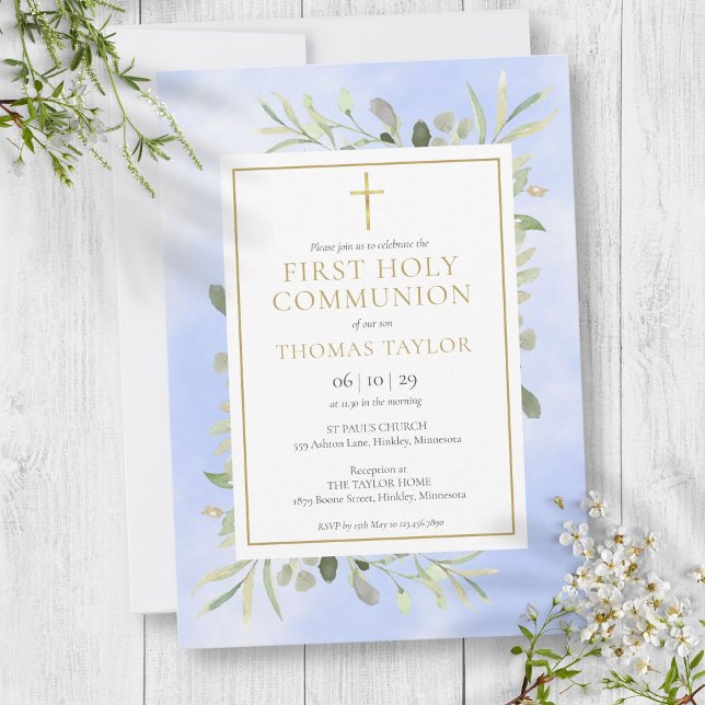Convite Primeira Comunhão com Verde Vegetal em Aquarela Az (Watercolor Greenery Blue First Holy Communion Invitation)