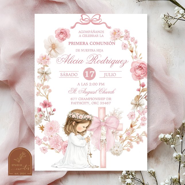 Convite Primeira Comunhão Coquete com Laço Branco e Rosa I (Criador carregado)