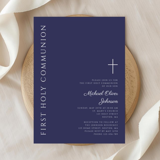 Convite Primeira Comunhão Cruz Azul Marinho Moderna (Modern Navy Blue Cross First Communion Invitation)