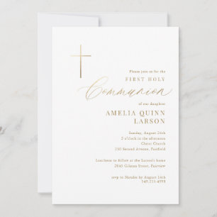Convite Primeira Comunhão Cruz de Ouro Simples e Elegante