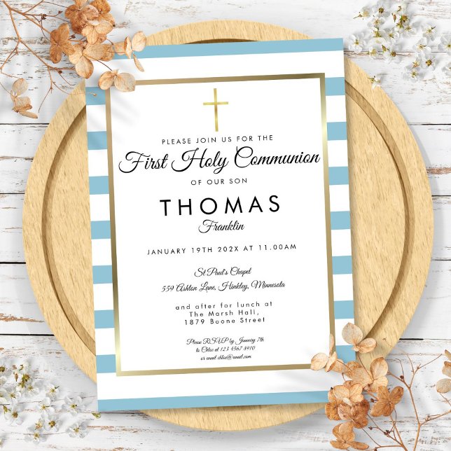 Convite Primeira Comunhão Cruz Dourada com Listras Azuis (Blue Striped Gold Cross First Holy Communion Invitation)