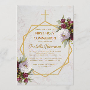 Convite Primeira Comunhão Cruz Dourada Peônias Burgundy Má