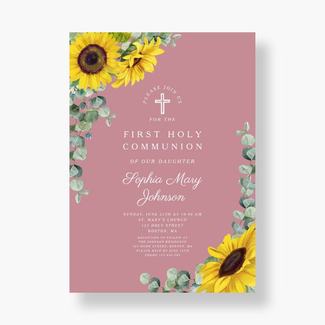 Convite Primeira Comunhão Cruz Floral Rosa Moderna (Modern Pink Floral Cross First Communion Invitation)