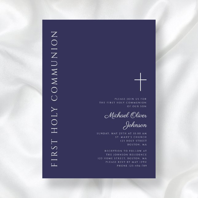Convite Primeira Comunhão da Cruz Azul do Marinho Moderno (Modern Navy Blue Cross First Communion Invitation)