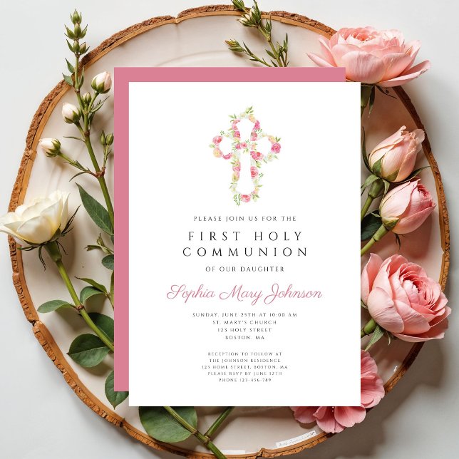 Convite Primeira Comunhão da Cruz Floral Rosa Elegante (Elegant Pink Floral Cross First Communion Invitation)