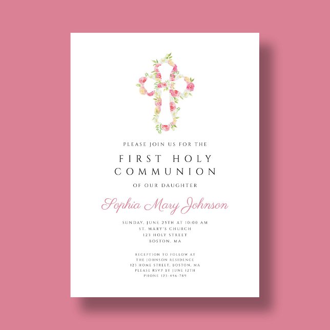 Convite Primeira Comunhão da Cruz Floral Rosa Elegante (Elegant Pink Floral Cross First Communion Invitation)