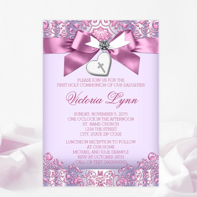 Convite Primeira Comunhão da Cruz Rosa e Roxa (You can change all of the text, font styles, font colors as needed for your event.)