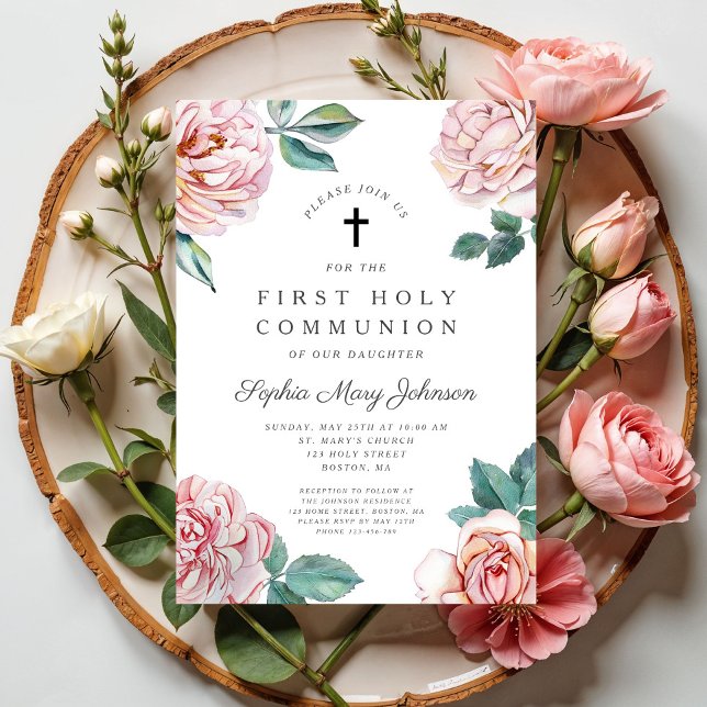 Convite Primeira Comunhão da Elegante Floral Cross Girl (Elegant Floral Cross Girl First Communion Invitation Digital Download)
