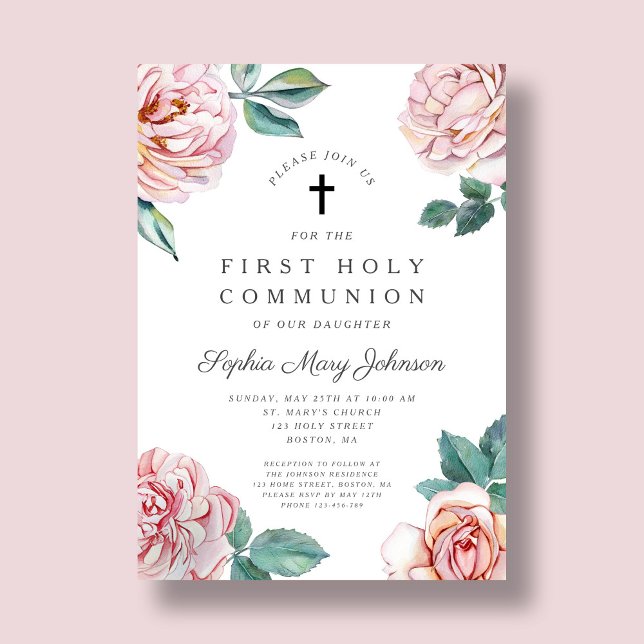 Convite Primeira Comunhão da Elegante Floral Cross Girl (Elegant Floral Cross Girl First Communion Invitation)