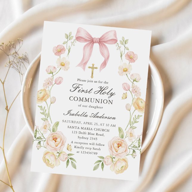 Convite Primeira Comunhão da Menina Arco Floral Rosa (Criador carregado)