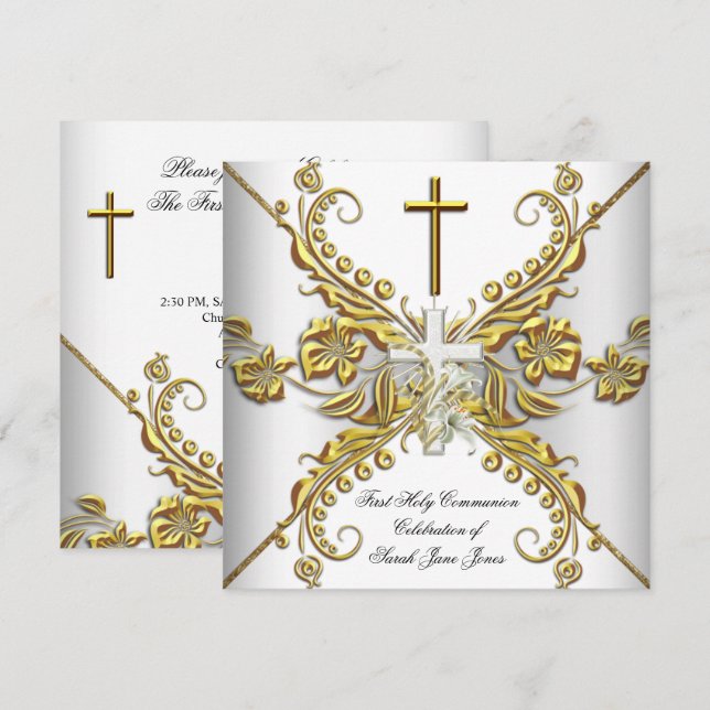 Convite Primeira Comunhão da Menina Dourado Branco Prata F (Frente/Verso)