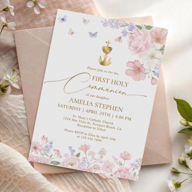 Convite Primeira Comunhão da Menina Floral Pastel (Criador carregado)