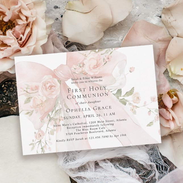 Convite Primeira Comunhão da Menina Laço Floral Rosa (Invitation may be ordered in both printed and instant download digital formats.)