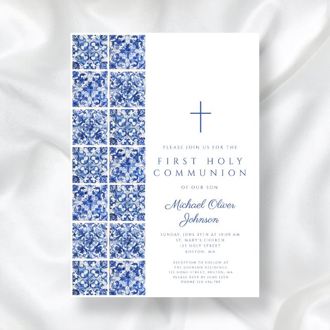 Convite Primeira Comunhão de Azulejos Azuis do Mediterrâne (Mediterranean Blue Tiles Boy First Communion Invitation)